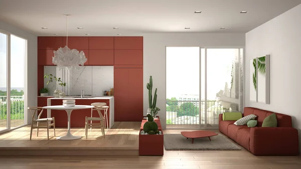 エコグリーンのインテリアデザイン、ソファ、キッチン、ダイニングテーブル、多肉植物、寄木細工の床、窓、パノラマバルコニー付きの白と赤のリビングルーム。持続可能なアーキテクチャ — ストック写真