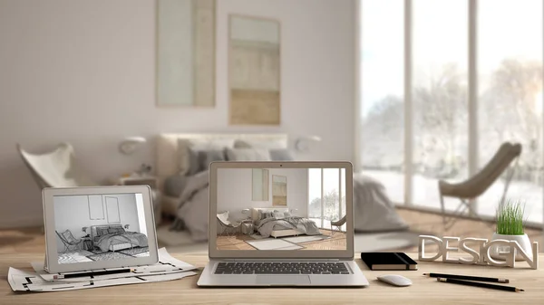 인테리어 디자인 프로젝트와 Cad 스케치, 배경에 흐리게 초안, 현대 흰색 침실을 보여주는 화면과 나무 책상에 건축가 바탕 화면 개념, 노트북및 태블릿 — 스톡 사진
