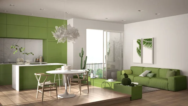 Eco diseño interior verde, sala de estar de color con sofá, cocina, mesa de comedor, plantas suculentas macetas, suelo de parquet, ventana en balcón panorámico. Arquitectura sostenible —  Fotos de Stock