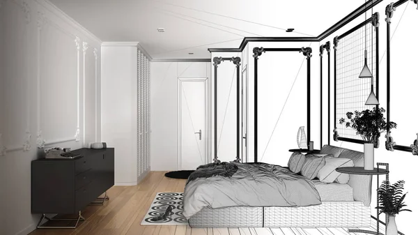 Architect interior designer concept: unfinished project that becomes real, modern bedroom in classic room with wall moldings, parquet, double bed with duvet, interior design concept