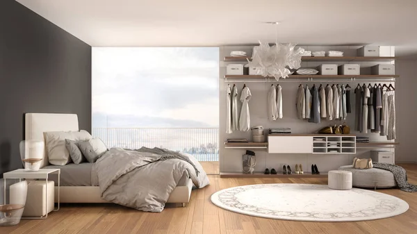 Luxo branco e cinza quarto moderno com cama de casal e closet, piso em parquet, janela panorâmica com panorama de inverno, tapete, pufe, arquitetura mínima design de interiores — Fotografia de Stock