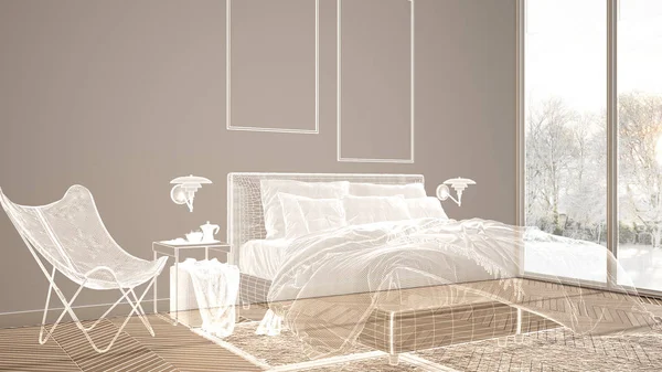 Puste białe wnętrze z parkietem i dużymi panoramicznymi oknami, projekt projektu architektury niestandardowej, szkic białego atramentu, plan pokazujący nowoczesny wystrój sypialni — Zdjęcie stockowe
