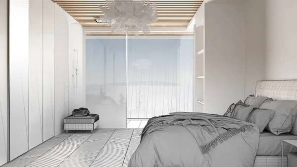 Koncepce designu interiérů: nedokončený projekt, který se stane opravdovými, hlavní ložnice v současném prostoru s parketami, sprchou, postelí, panoramatickým oknem, luxusní interiérový design — Stock fotografie
