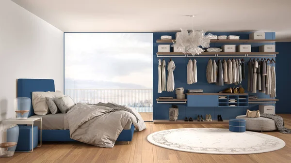 Dormitorio moderno de lujo blanco y azul con cama doble y vestidor, suelo de parquet, ventana panorámica con panorama de invierno, alfombra, puf, diseño interior de arquitectura minimalista — Foto de Stock