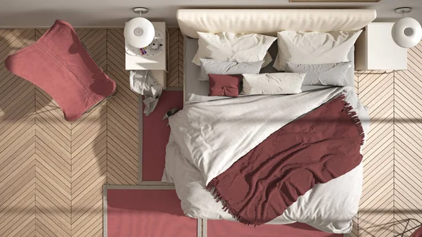 Moderne rood gekleurde minimalistische slaapkamer, bed met kussens en dekens, visgraat parketvloer, Nachtkastjes, fauteuil en tapijt. Architectuur, interieur design concept, bovenaanzicht — Stockfoto