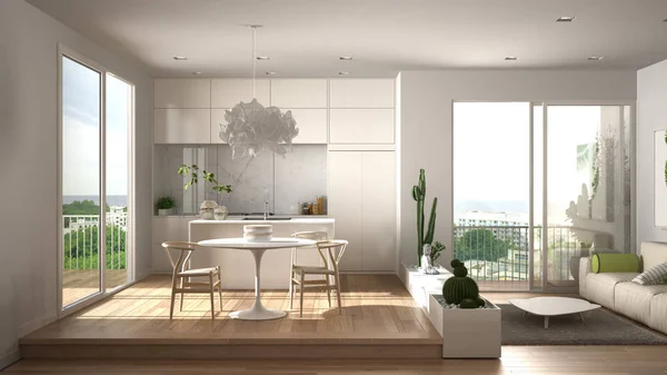 Eco Green Interior Design, vitt vardagsrum med soffa, kök med matbord, saftiga krukväxter, parkettgolv, fönster på panoramabalkong. Hållbar arkitektur — Stockfoto