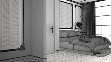 Duvar pervazları, parke, yorgan ve yastık, ayna ve dekorlar, iç tasarım mimari kavramı ile klasik odada modern yatak odası bitmemiş proje