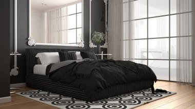 Duvar pervazları, parke, yorgan ve yastık, minimalist başucu masaları, ayna ve dekorlar ile klasik odada Modern beyaz ve gri yatak odası. İç tasarım konsepti