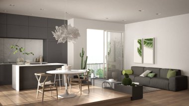 Eko yeşil iç tasarım, kanepe ile beyaz ve gri oturma odası, mutfak, yemek masası, lezzetli saksı bitkileri, parke zemin, panoramik balkon penceresi. Sürdürülebilir mimari