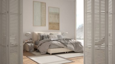 Çift kişilik yatak, halı ve büyük panramic pencere, iç tasarım, mimar tasarımcı kavramı, bulanıklık arka plan ile modern lüks minimalist yatak odası beyaz katlanır kapı açılış