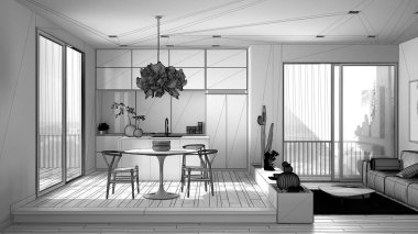 Kanepe, mutfak, yemek masası, sulu saksı bitkileri, parke zemin, pencere, panoramik balkon, modern mimari konsept iç tasarım ile oturma odası bitmemiş proje