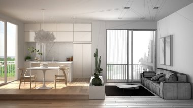 Mimar iç tasarımcı konsepti: gerçek olur bitmemiş proje, oturma odası, mutfak, yemek masası, lezzetli bitkiler, parke zemin, pencere, mimari iç tasarım