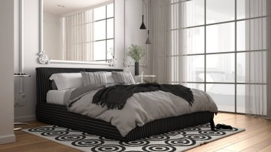 Duvar pervazları, parke zemin, yorgan ve yastık, minimalist başucu masaları, ayna ve dekorlar ile çift kişilik yatak ile klasik odada Modern beyaz yatak odası. İç tasarım konsepti