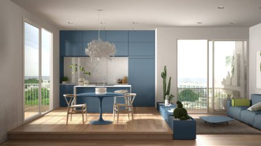 Eko yeşil iç tasarım, kanepe, mutfak, yemek masası, sulu saksı bitkileri, parke zemin, pencere, panoramik balkon ile beyaz ve mavi oturma odası. Sürdürülebilir mimari