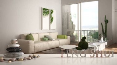 Çakıl dengesi ve 3d harfleri ile beyaz masa raf çağdaş daire kanepe ile modern oturma odası üzerinde kelime feng shui yapma, zen kavramı iç tasarım