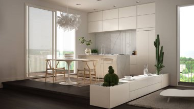 Eko yeşil iç tasarım, kanepe ile beyaz ve gri oturma odası, yemek masası ile mutfak, lezzetli saksı bitkileri, parke zemin, pencere, panoramik balkon. Sürdürülebilir mimari