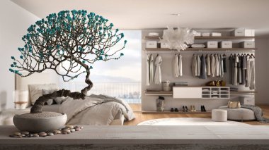 Çakıl ve saksı çiçek bonsai, beyaz çiçekler, gömme dolap, modern iç tasarım, zen temiz mimari konsept fikir ile minimalist yatak odası üzerinde Vintage ahşap masa raf