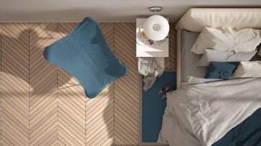 Modern mavi renkli minimalist yatak odası, yastık ve battaniye, ringa kemiği parke zemin, başucu masaları, koltuk ve halı ile yatak. Mimarlık, iç tasarım konsepti, üst görünüm