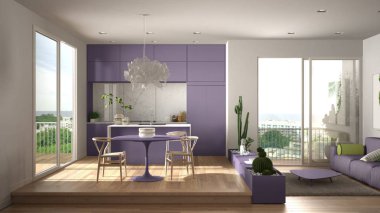 Eko yeşil iç tasarım, kanepe, mutfak, yemek masası, sulu saksı bitkileri, parke zemin, pencere, panoramik balkon ile beyaz ve menekşe oturma odası. Sürdürülebilir mimari