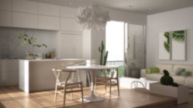 Bulanıkarka plan iç tasarım: kanepe ile oturma odası, mutfak, yemek masası, sulu saksı bitkileri, parke zemin, pencere, panoramik balkon, modern mimari kavramı