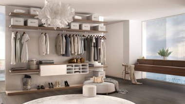 Giyim, dekor, parke zemin, kış panoraması ile panoramik pencere, halı, puf, minimal mimari iç tasarım ile walk-in dolap ile Lüks beyaz ve gri modern yatak odası