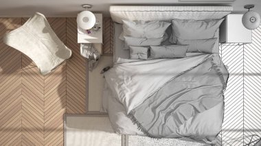 Mimar iç tasarımcı konsepti: gerçek olur bitmemiş proje, minimalist yatak odası, yastık ve battaniye ile yatak, parke, başucu masaları ve halı, üst görünümü