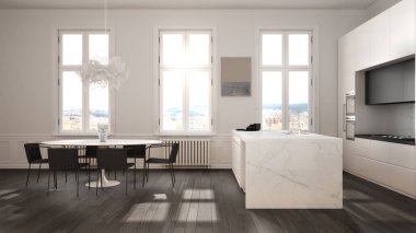 Minimalist beyaz ve siyah mutfak klasik odada kalıplar, parke zemin, sandalye, mermer ada ve panoramik pencereler ile yemek masası. Modern mimari iç tasarım