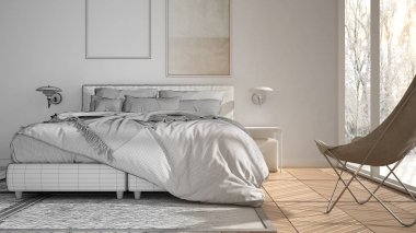 Mimar iç tasarımcı kavramı: gerçek olur bitmemiş proje, minimalist yatak odası, yastık ve battaniye ile yatak, parke, başucu masaları ve halı, büyük panoramik pencere