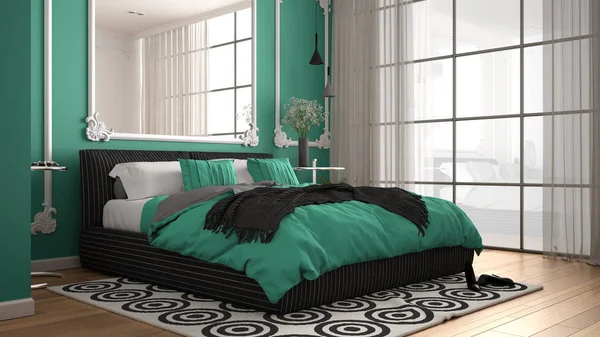 Modernes türkisfarbenes Schlafzimmer im klassischen Zimmer mit Wandleisten, Parkett, Doppelbett mit Bettdecke und Kissen, minimalistischen Nachttischen, Spiegel und Dekoren. Raumkonzept — Stockfoto