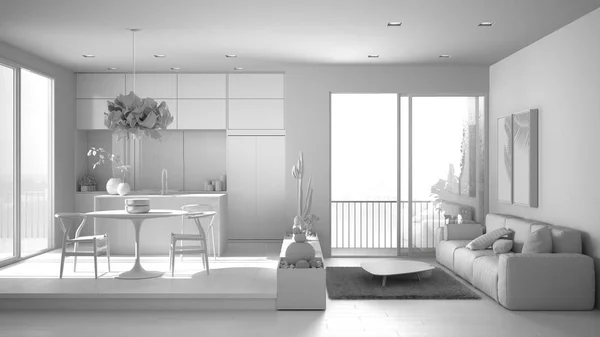 Σύνολο λευκό έργο σαλόνι με καναπέ, κουζίνα, τραπέζι φαγητού, χυμώδεις γλάστρες φυτά, παρκέ δάπεδο, παράθυρο, πανοραμικό μπαλκόνι, μοντέρνα ιδέα αρχιτεκτονικής αντίληψη — Φωτογραφία Αρχείου