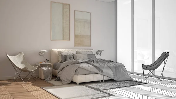 Innenarchitekt-Konzept: unvollendetes Projekt, das real wird, minimalistisches Schlafzimmer, Bett mit Kissen und Decken, Parkett, Nachttische und Teppich, großes Panoramafenster — Stockfoto