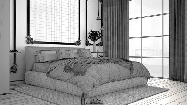 Ημιτελές έργο του μοντέρνου υπνοδωματίου σε κλασικό δωμάτιο με καλούπια τοίχου, παρκέ, διπλό κρεβάτι με πάπλωμα και μαξιλάρια, καθρέφτη και παπλώματα, εσωτερική διακόσμηση αρχιτεκτονικής ιδέα — Φωτογραφία Αρχείου