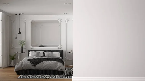 Klassisches Luxusschlafzimmer mit Doppelbett, Spiegel, Nachttischen und Teppich an einer Vorderwand, Innenarchitektur-Idee, Konzept mit Kopierraum, leerer Hintergrund — Stockfoto