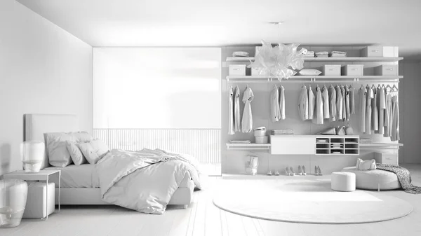 Projet blanc total de chambre à coucher moderne de luxe avec dressing, vêtements, parquet, fenêtre panoramique avec panorama d'hiver, tapis, pouf, architecture minimale design d'intérieur — Photo