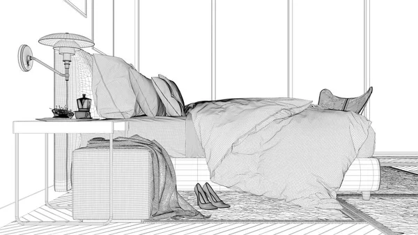 Bauplan-Projektskizze, minimalistisches Schlafzimmer, Bett mit Kissen und Decken, Parkett, Nachttische und Teppich, großes Panoramafenster, Konzept der modernen Architektur — Stockfoto