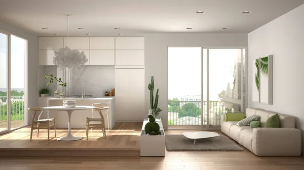 Eco Green Interior Design, vitt vardagsrum med soffa, kök med matbord, saftiga krukväxter, parkettgolv, fönster på panoramabalkong. Hållbar arkitektur — Stockfoto