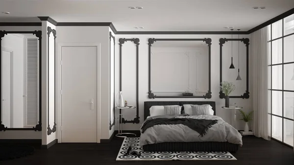Moderno quarto branco e cinza no quarto clássico com molduras de parede, parquet, cama de casal com edredão e travesseiros, mesas de cabeceira minimalistas, espelho e decorações. Conceito de design de interiores — Fotografia de Stock