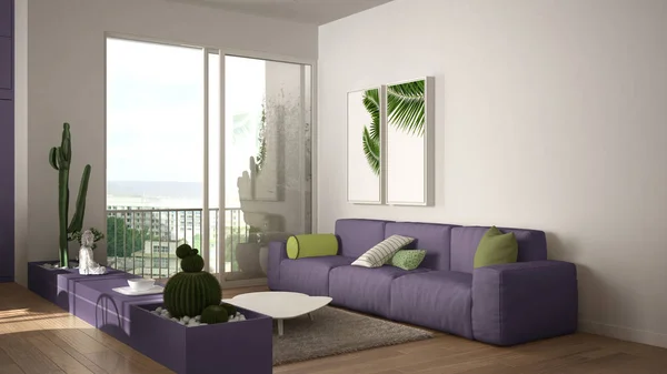 Eco green interior design, white and violet living room with sofa, kitchen, dining table, succulent potted plants, parquet floor, window, panoramic balcony. Sustainable architecture — Stock Photo, Image