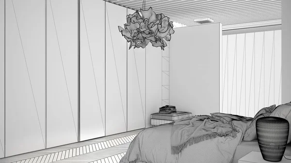 Projet inachevé de chambre des maîtres dans un espace contemporain avec parquet, douche et parquet, lit double, grande armoire avec miroir, fenêtre panoramique, design intérieur de luxe — Photo