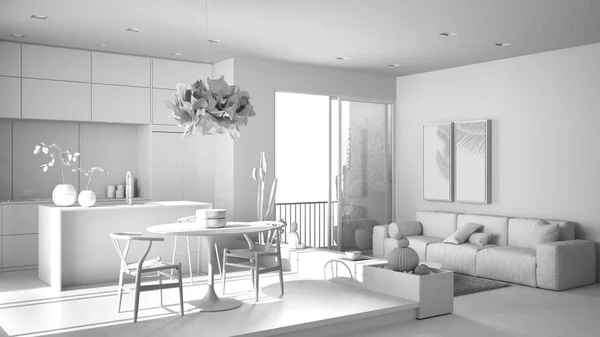 Projeto branco total da sala de estar com sofá, cozinha, mesa de jantar, plantas em vaso suculentas, piso em parquet, janela, varanda panorâmica, ideia conceito de arquitetura moderna — Fotografia de Stock