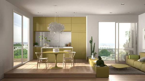 Eco green interior design, white and yellow living room with sofa, kitchen, dining table, succulent potted plants, parquet floor, window, panoramic balcony. Sustainable architecture