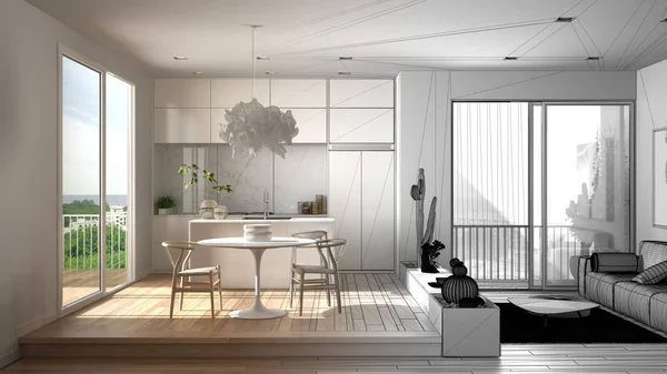 Arkitekt inredningsdesign koncept: ofullbordat projekt som blir verkligt, vardagsrum, kök, matbord, saftiga växter, parkettgolv, fönster, arkitektur inredning — Stockfoto