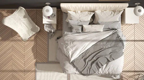 Moderna camera da letto minimalista bianca e grigia, letto con cuscini e coperte, pavimento in parquet a spina di pesce, comodini, poltrona e moquette. Architettura, concetto di interior design, vista dall'alto — Foto Stock