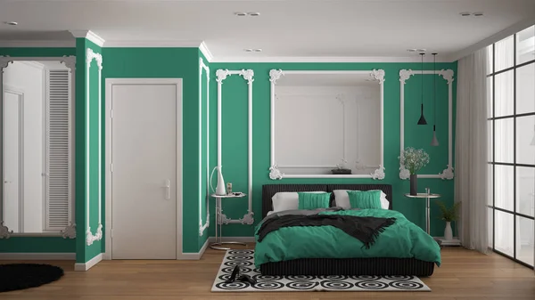 Moderno quarto de cor turquesa no quarto clássico com molduras de parede, parquet, cama de casal com edredão e travesseiros, mesas de cabeceira minimalistas, espelho e decorações. Conceito de design de interiores — Fotografia de Stock