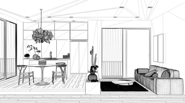 Projecto de projecto de planta, sala de estar com sofá, cozinha, mesa de jantar, plantas em vaso suculentas, piso em parquet, janela, varanda panorâmica, ideia conceito de arquitectura moderna — Fotografia de Stock