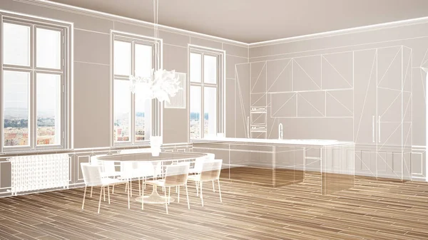 Empty white interior with parquet floor and big panoramic windows, custom architecture design project, white ink sketch, blueprint showing classic kitchen interior design