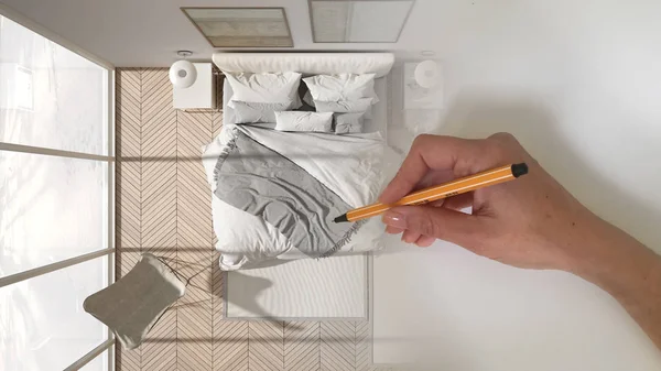 건축가 인테리어 디자이너 개념 : 공간은 더블 침대와 장식과 실제, 현대 흰색과 나무 침실이되는 동안 손으로 디자인 인테리어 프로젝트를 그리기 — 스톡 사진