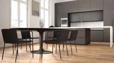 Minimalist beyaz ve siyah mutfak klasik odada kalıplar, parke zemin, sandalye, mermer ada ve panoramik pencereler ile yemek masası. Modern mimari iç tasarım