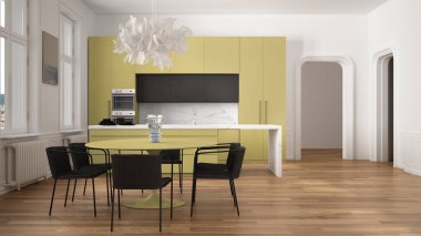 Minimalist sarı ve siyah mutfak klasik odada kalıplar, parke zemin, sandalye, mermer ada ve panoramik pencereler ile yemek masası. Modern mimari iç tasarım