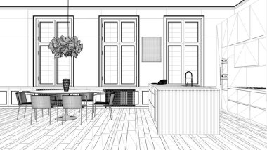 Blueprint proje taslağı, pervazile klasik odada minimalist mutfak, parke zemin, sandalye ile yemek masası, modern mimari iç tasarım konsept fikri